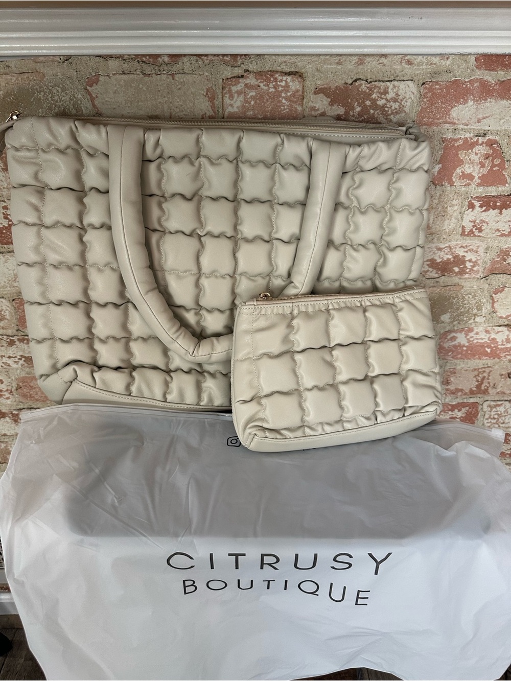 Cream Quilted Tote with Matching Pouch